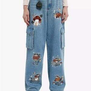 Hot Topic Light Indigo Frog Mushroom Embroidered Wide Leg Cargo Jeans